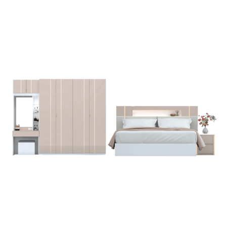 ชุดห้องนอน + ที่นอนสปริง 6 ฟุต WISDOM DESIGN FURNITURE รุ่น NOBLE สีขาว/กลอสซี่เบจ_0